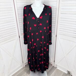 Loft Heart Print Tiered Shift Midi Dress Black Red XL